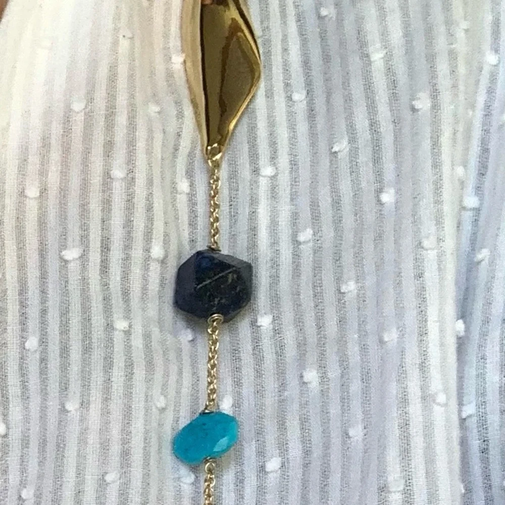 ALEXIS BITTAR NEW Gold Long Lapis Turquoise Pyrite Bead Chain  Gemstone Necklace